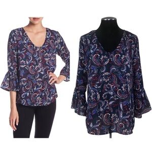 Como Vintage - Paisley Bell Sleeve V-Neck Pullover Blouse - Small